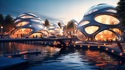 Futuristic architectural concept with floating structures - obrazy, fototapety, plakaty