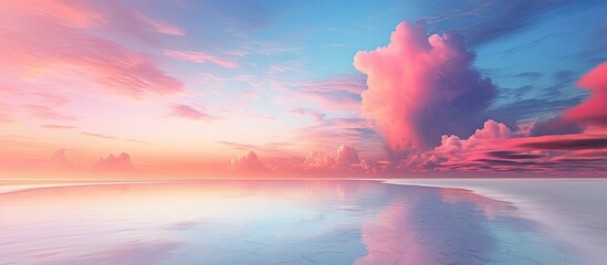 The white sandy beach and colorful sky provided a stunning backdrop to the summer travel experience with nature s vibrant red and pink hues forming a beautiful pattern across the landscape w - obrazy, fototapety, plakaty