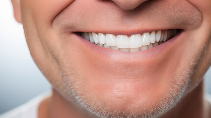 Dental background. Nice white teeth of middle aged male person close-up. Snow-white smile.
