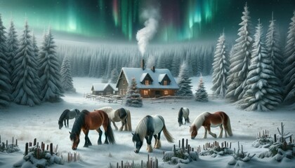 Wild horses grazing in snowy meadow with Christmas cabin backdrop
