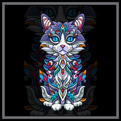 Colorful Cat mandala arts isolated on black background.