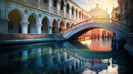 Papier Peint photo Pont du Rialto Venetian landscape. Canals, bridges  and palaces with beautiful reflection in water, early morning hours.  