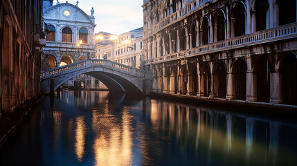 Venetian landscape. Canals, bridges  and palaces with beautiful reflection in water, early morning hours.   - obrazy, fototapety, plakaty