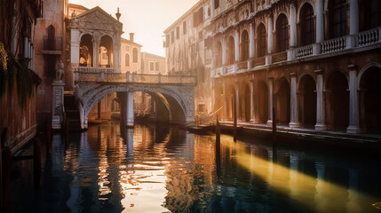 Fototapeta na wymiar Venetian landscape. Canals, bridges and palaces with beautiful reflection in water, early morning hours. 