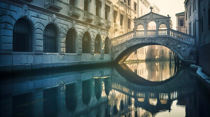 Venetian landscape. Canals, bridges  and palaces with beautiful reflection in water, early morning hours.  