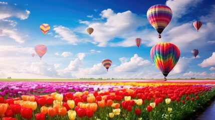 Fototapeta premium Dutch Floral Extravaganza: A stunning field of colorful tulips in Holland, with balloons in the background, creating a fantastic and vibrant spring event