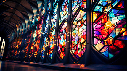 Stained glass patterns, Cathedral inspirations, Multicolored facets with luminous glow - obrazy, fototapety, plakaty