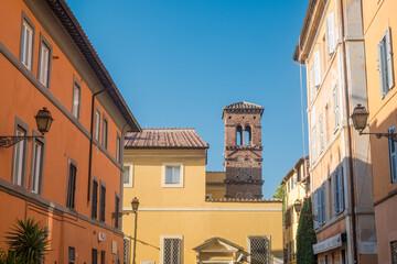 Scene in Trastevere with the bell tower of "Chiesa delle Sante Rufina e Seconda, Rome, Italy