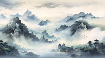 Mountainous ink wash painting, Asian artistry, Muted tones with watery blends,