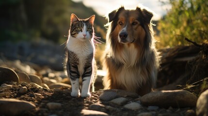 Unexpected Meeting: A cat and a dog have an unexpected encounter in the great outdoors, showcasing the curiosity and surprise in the animal world