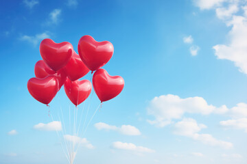 Red heart shape balloons in sky, with copy space