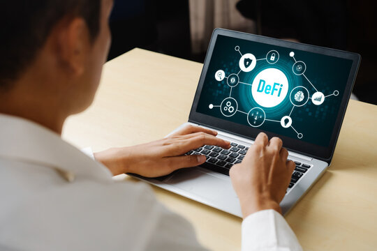 Decentralized finance or DeFi concept on modish computer screen . The defi system give new choice of investment and money saving .