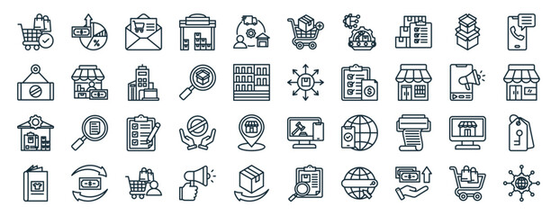 Fototapeta na wymiar set of 40 outline web dropshipping icons such as profit margin, sold out, inventory management, product catalog, mobile marketing, calling, add to cart icons for report, presentation, diagram, web