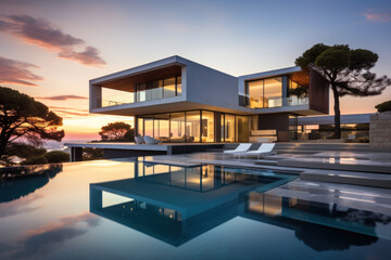 Fototapeta premium Minimalist cubic house exterior with swimming pool, modern country house, seaside holiday in modern villa, sunset view