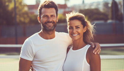 Happy beautiful married couple wearing white sports clothes standing on the tennis court of resort. Active and sports lifestyle while vacation. - obrazy, fototapety, plakaty