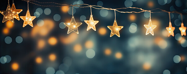 Christmas glowing stars lights string hanging on the rope.