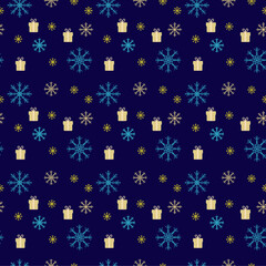 Christmas Happy New Year seamless pattern blue snowflakes present wrapping paper retro style vector background