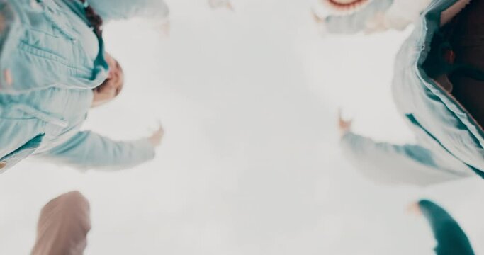 Outdoor celebration, hands stack or happy family children, parents and grandparents excited, support and cheers. Team building, sky or below view of bonding people celebrate solidarity, care or trust