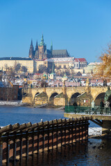 architecture, Czech, gothic, history, medieval, Snowy Prague Lesser Town with Prague Castle and Charles Bridge above River Vltava in the sunny Day , Czech republic