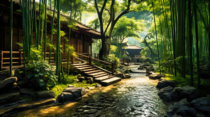 Lush bamboo forest, Zen sanctuary, Sunlit hues with tranquil pathways