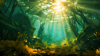 Oceanic kelp forest, Underwater serenity, Sunlit seaweed with shimmering schools,
