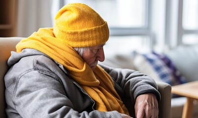 Fototapeta premium It's cold in the house in winter. A senior Person freezing, fever or trouble with heating. Sad person in wool plaid and scarf and wearing warm hat sitting on sofa at home in wintertime