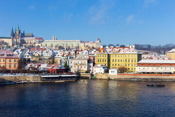 architecture, Czech, gothic, history, medieval, Snowy Prague Lesser Town with Prague Castle and Charles Bridge above River Vltava in the sunny Day , Czech republic