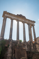 Ruins of the temple of Saturn from ancient Rome in the Roman Forum, Italy