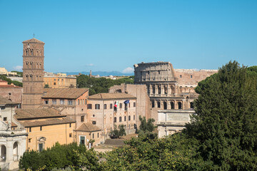 Colosseum and the bell tower of the Basilica di Santa Francesca as seen from the Palatine hill, Rome, Italy