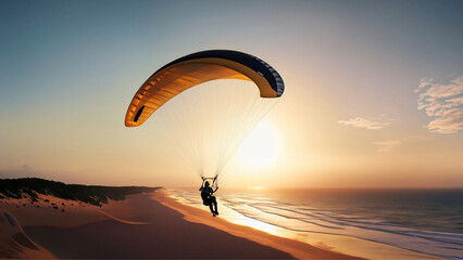 Uma pessoa voando de paramotor em uma praia com um lindo pôr-do-sol, - obrazy, fototapety, plakaty