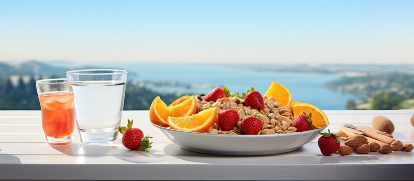 The woman enjoyed a healthy breakfast of cereal and fruit consisting of orange slices and fresh strawberries on a white table against the backdrop of a serene nature scene She knew that inco