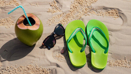 Um par de chinelos com um coco e óculos de sol, na areia da praia. Conceito de férias. - obrazy, fototapety, plakaty