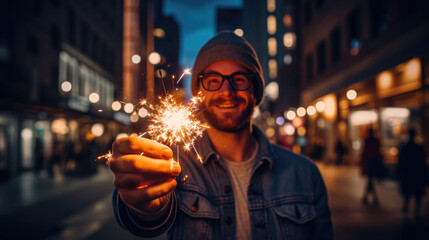 A man holding a lit sparkler, smiling with the warm bokeh of city lights in the background, creating a festive and cheerful atmosphere in the evening.