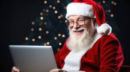 A cheerful man in Santa hat laughing while looking at a laptop on a wooden table