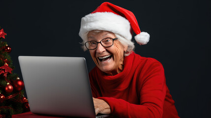 An elderly woman with glasses wearing a Santa hat and red sweater is smiling joyfully at a laptop against a solid background.