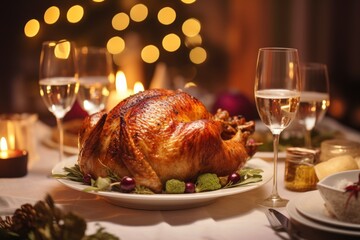 Close up of stuffed turkey during Thanksgiving meal