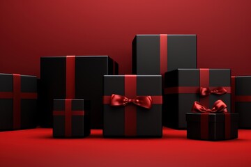 Realistic black gifts boxes on dark and red background