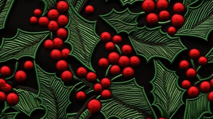Holly berry Christmas seamless pattern nature background. Winter hollies Leaves berries repeat tile for wallpaper, fashion print, textile, scrapbooking, invitation, card, decoration, festive.