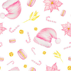 Pink poinsettia, Santa Claus hat, New Year's candy canes, macarons and gold bells. Watercolor hand drawn seamless pattern with Christmas sweets. Winter symbols for holiday season prints, packing