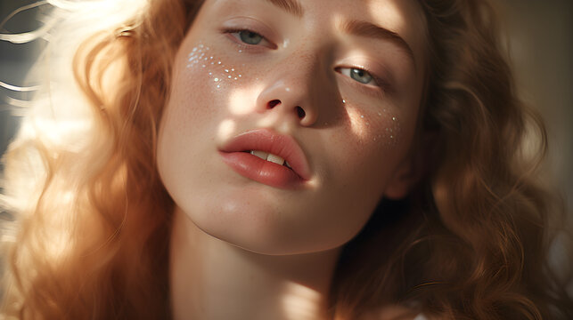 rostro de mujer blanca con labios hermosos grandes y ojos azules luz en el rostro