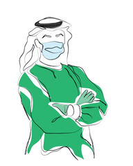 hand drawn line art vector of Successful team of Arabic medical doctors are looking at camera while standing in hospital with arms crossed male and female doctors in protective scrubs masks and gloves