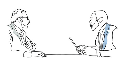 hand drawn line art vector of two frustrated and confused men sitting facing each other over a business conflict