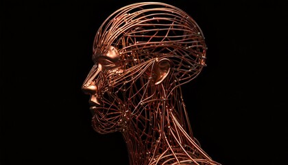 Profile form of a face from copper wires on a dark black background - obrazy, fototapety, plakaty