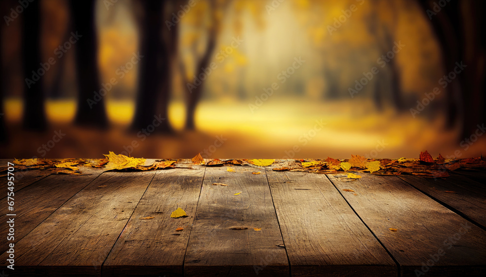 Wall mural empty wooden table with autumn background