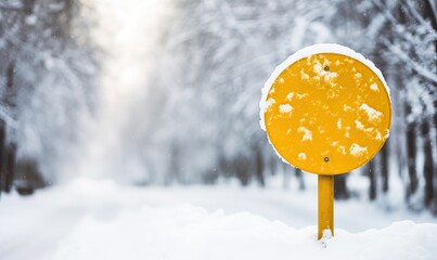 A blank road traffic sign warning of winter driving conditions on a road, winter driving, snow and ice