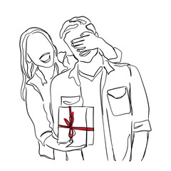 hand drawn line art vector of a girl giving fathers day gift to her father. exchange gifts