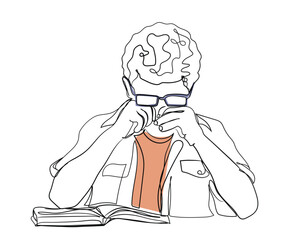 Line art vector Eyestrain Problem. Tired Schoolgirl Rubbing Sore Eye Doing Homework , Suffering From Fatigue And Dry Eyes Syndrome, Wearing Glasses Sitting At Desk At Home. Children Eyesight Issues