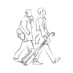 hand drawn line art vector of people on business trip. Official tour. Travel for business. Continuous line art contour.