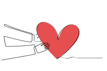 hand drawn line art vector of a hand gives a heart shape to its partner. Fall in love. Ready to give heart and soul. Invitation to get married. Romantic couple. Charity and humanitarian cause - obrazy, fototapety, plakaty