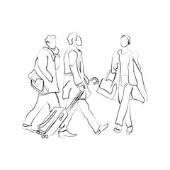 hand drawn line art vector of people on business trip. Official tour. Travel for business. Continuous line art contour.